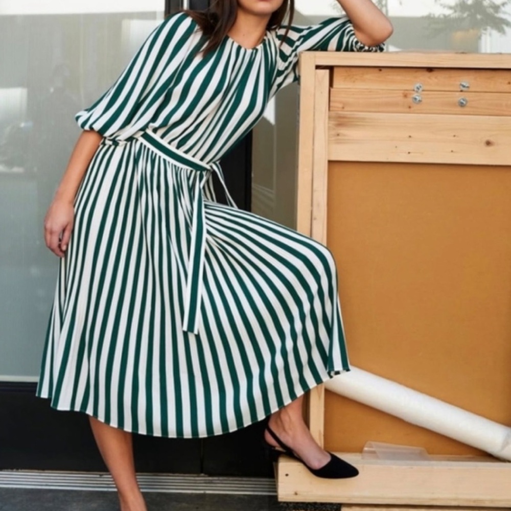 AYR Whos She Regatta Stripe Belt Green Midi Dress